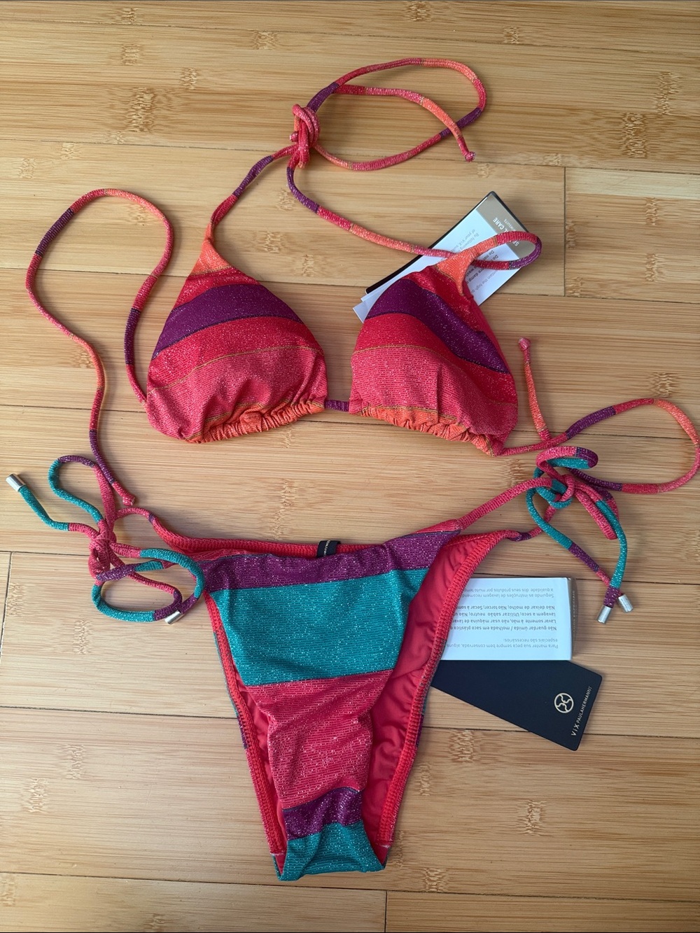 Women’s Striped Tie Bikini Set in Pink, Purple & Teal - Brand Unspecified